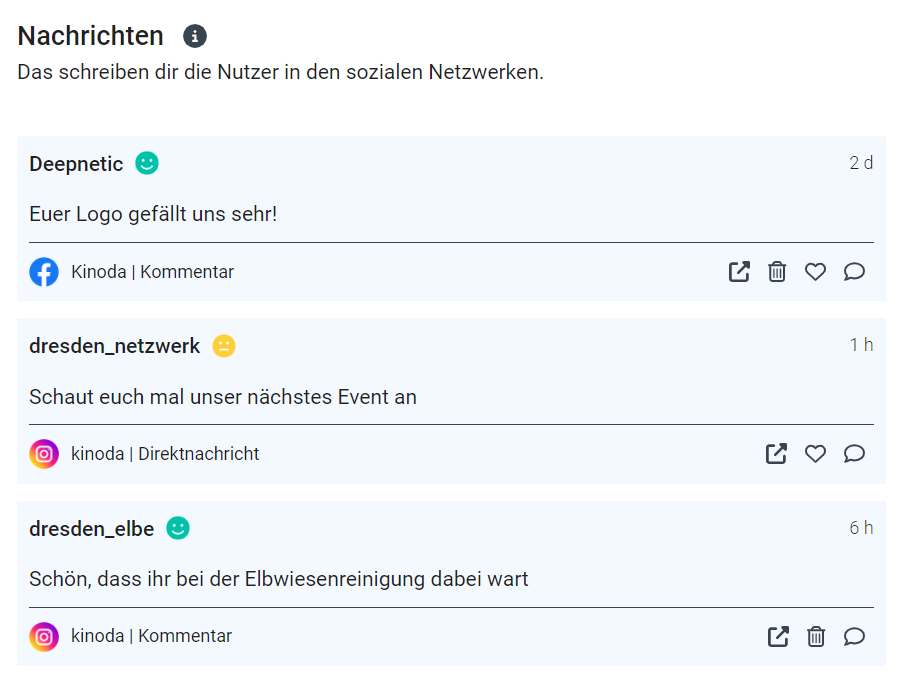 Der Posteingang in einem Social-Media-Tool mit netzwerkübergreifenden Kommentaren und Nachrichten.